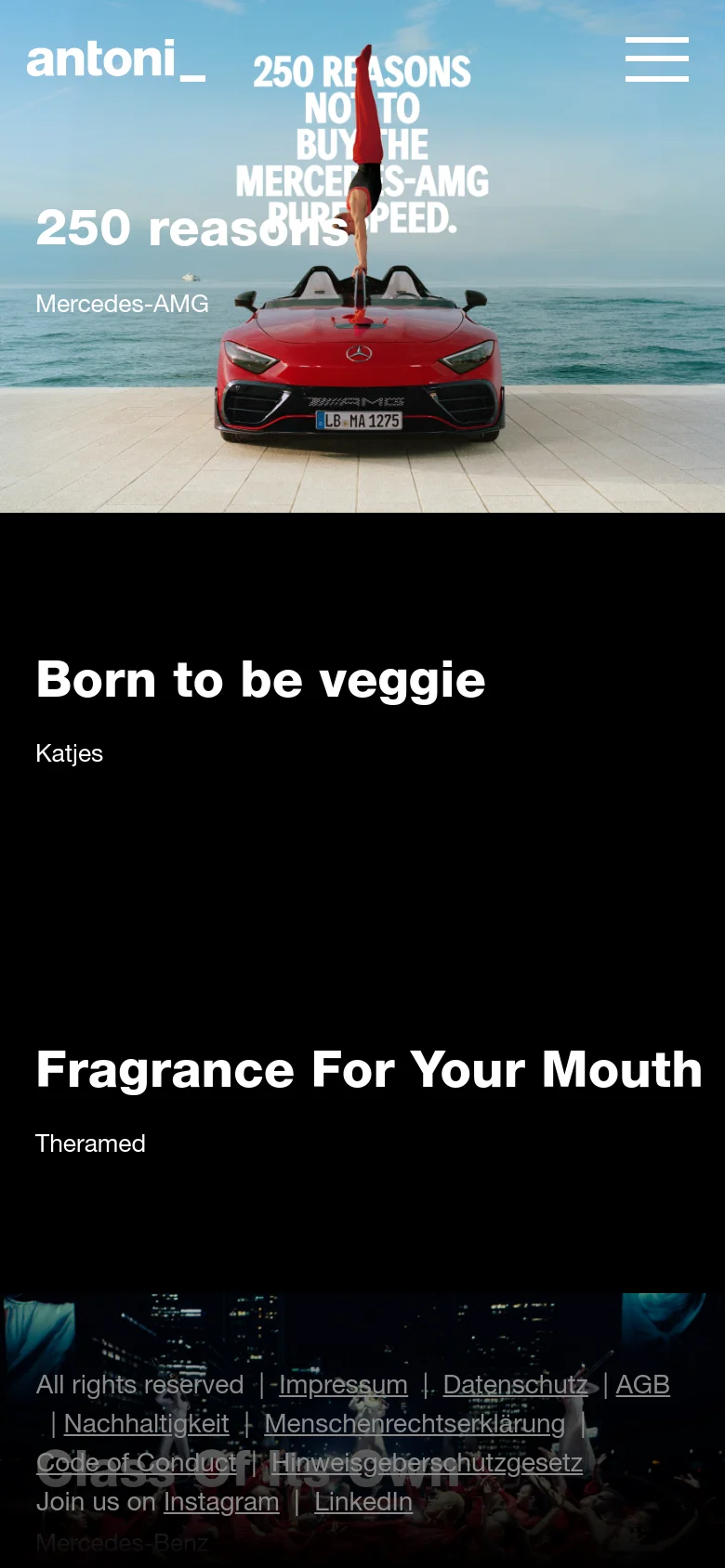The mobile version uses a vertical stack layout on a black background. The hero image of the red Mercedes-AMG is shown at the top, followed by large white text headings for '250 reasons' and 'Born to be veggie' arranged vertically, with a hamburger menu icon in the top right corner.
