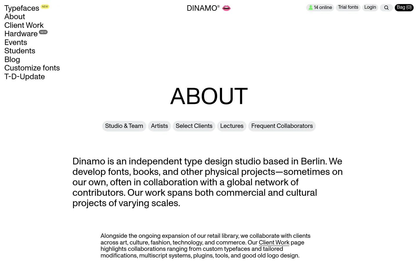 Dinamo About page featuring a minimalist typographic layout with a large black ABOUT headline. The design uses a clean white background with sans-serif typography and a horizontal pill-shaped navigation menu containing links like Studio & Team and Artists. A sidebar menu on the left lists site sections including Typefaces and Client Work.