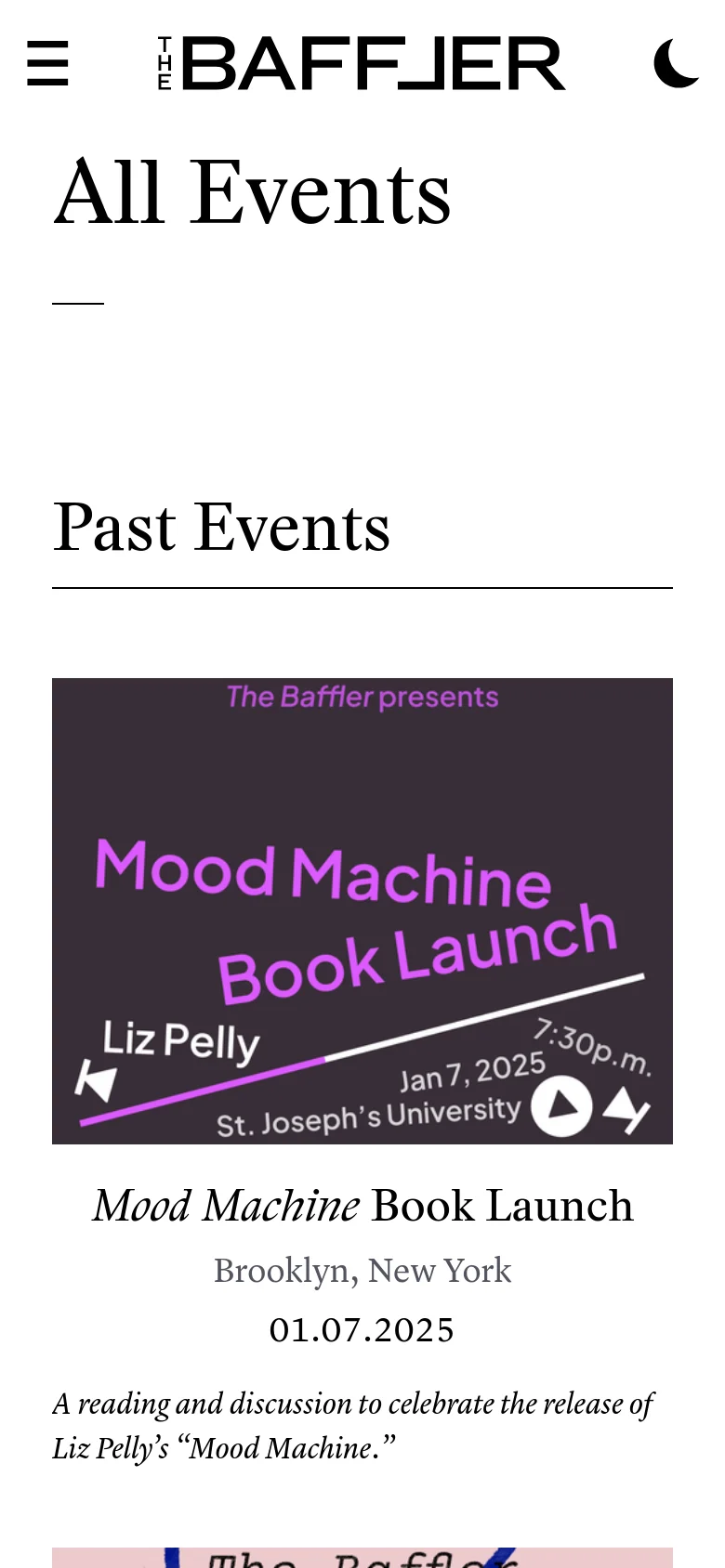 The mobile version maintains the white background and black serif typography but shifts to a single-column vertical layout. The event graphic image is centered above the event title, location, date, and description, which are all left-aligned to fit the narrower screen.