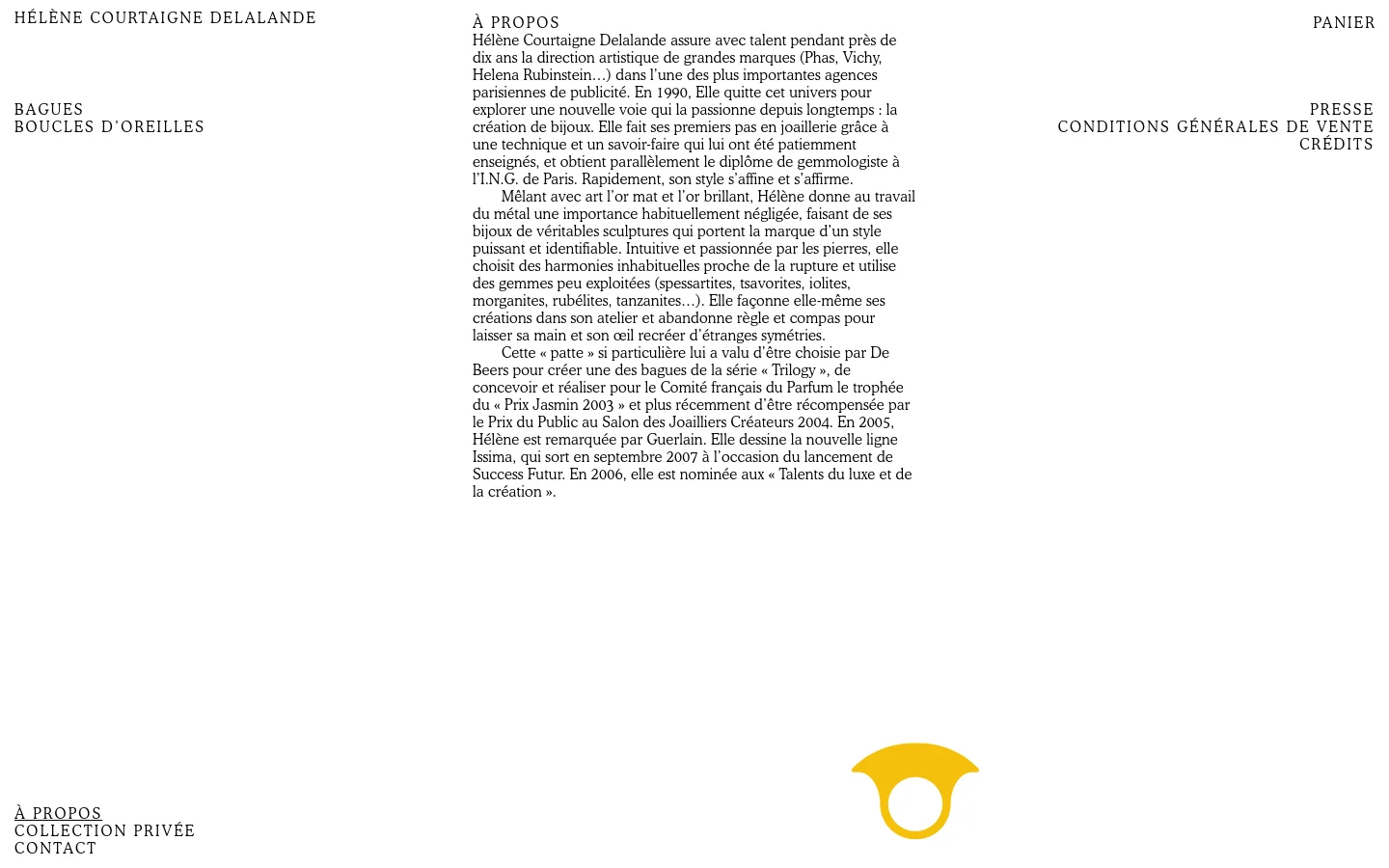 The desktop page features a minimalist design with a white background and black serif text. A large portrait of Hélène Courtaigne Delalande is positioned on the right, while the 'À Propos' biography and navigation links occupy the left side. The layout uses ample whitespace and a clean, asymmetrical grid.