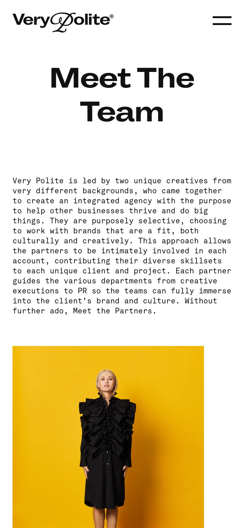 The mobile version maintains the minimalist white layout and large 'Meet The Team' headline but scales the text and imagery to fit a narrower viewport. The introductory paragraph and the portrait against the yellow background are stacked vertically for easier scrolling.