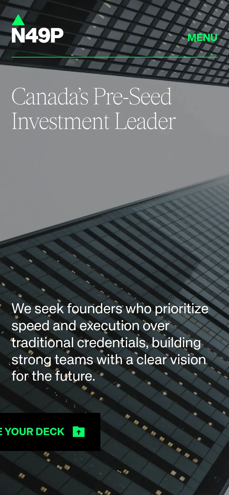 The mobile version simplifies the layout, replacing the top navigation bar with a 'MENU' button and a condensed header. The hero section maintains the skyscraper imagery and headline but stacks the text and 'Share Your Deck' button vertically to fit the narrow screen. The overall color scheme remains grayscale with green accents for primary buttons and branding.