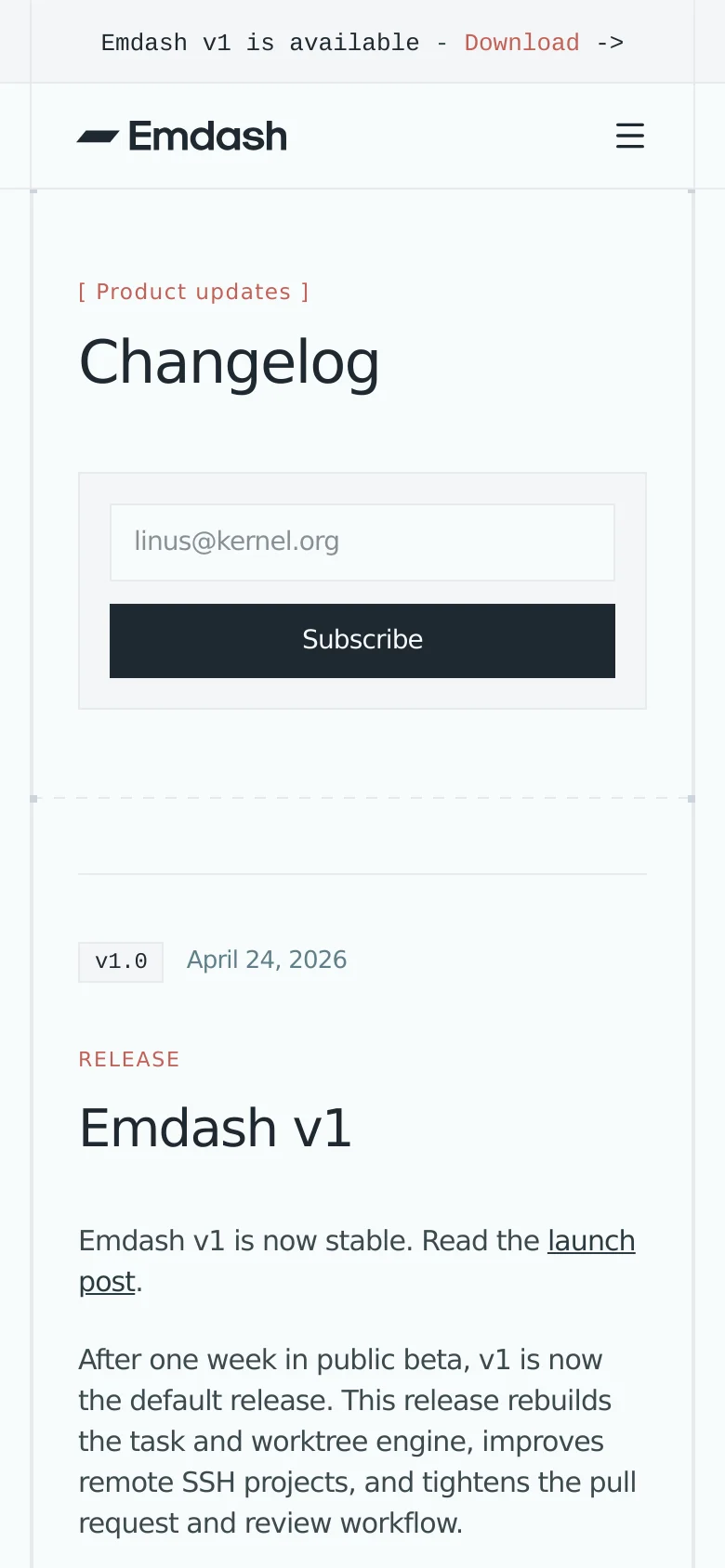 The mobile version simplifies the layout, replacing the desktop navigation bar with a hamburger menu icon and a centered Emdash logo. The subscription box and 'Changelog' headline are stacked vertically, and the release notes content flows in a single column for easier scrolling on smaller screens.
