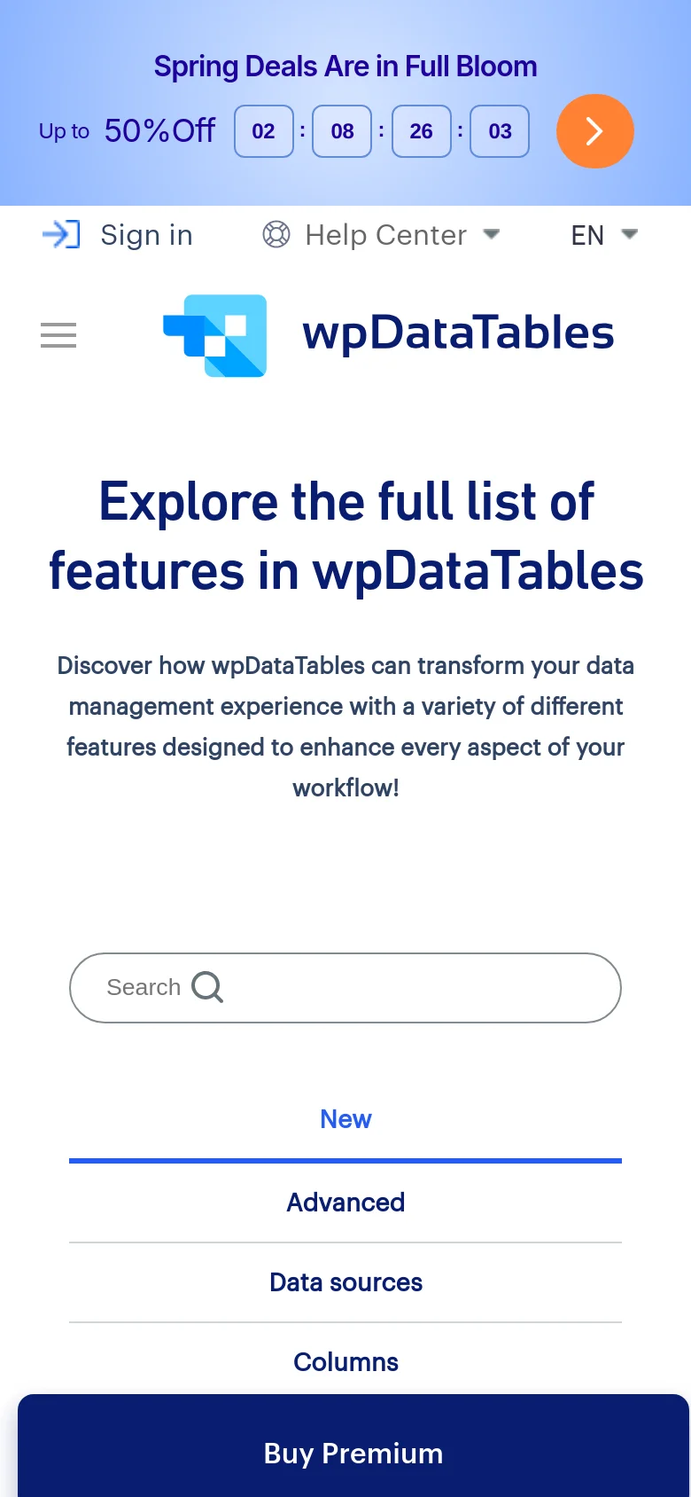 The mobile version simplifies the layout into a single-column view, stacking the headline and description text vertically. The horizontal feature filter menu is replaced by a scrollable or stacked list, and the 'Buy Premium' call to action is prominently displayed as a full-width blue button at the bottom of the screen.