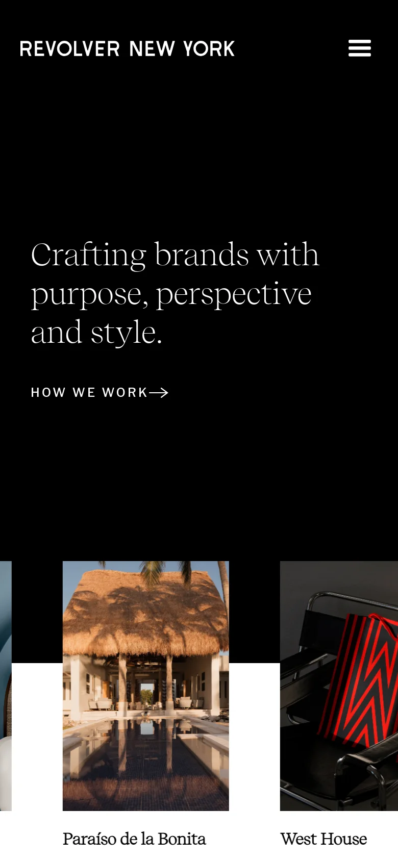 The mobile version maintains the black background and white serif text but uses a condensed layout. The top navigation is replaced by a hamburger menu icon next to the brand name, and the hero headline is centered to fit the narrower screen width. Project tiles are stacked vertically, showing large images with titles underneath.