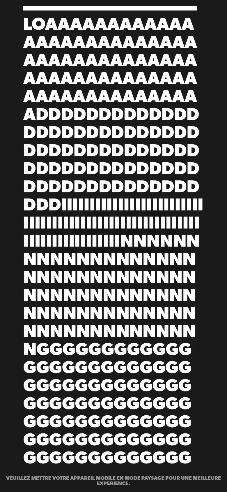 The mobile version displays a black background with large, white, repetitive text that appears to be a loading animation. At the bottom, a small white instruction in French advises users to rotate their mobile device to landscape mode for a better experience.