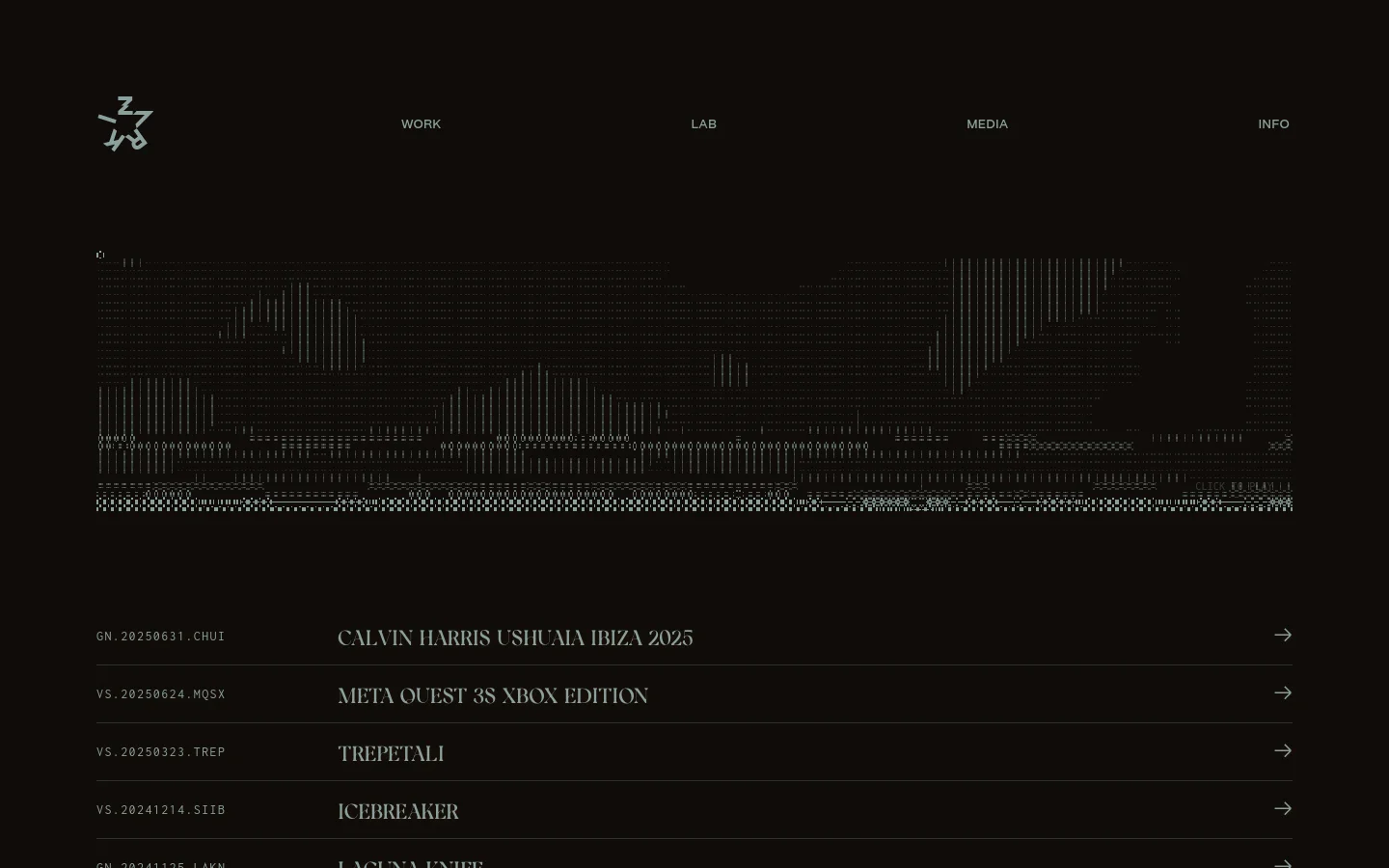 A minimalist portfolio website for Tim Zarki with a dark theme and white text. The desktop layout features a logo on the top left, navigation links (WORK, LAB, MEDIA, INFO) across the top, and a large, abstract generative art piece in the center. Below the art, a vertical list of project titles with unique alphanumeric codes and arrow icons serves as the primary navigation for his work.