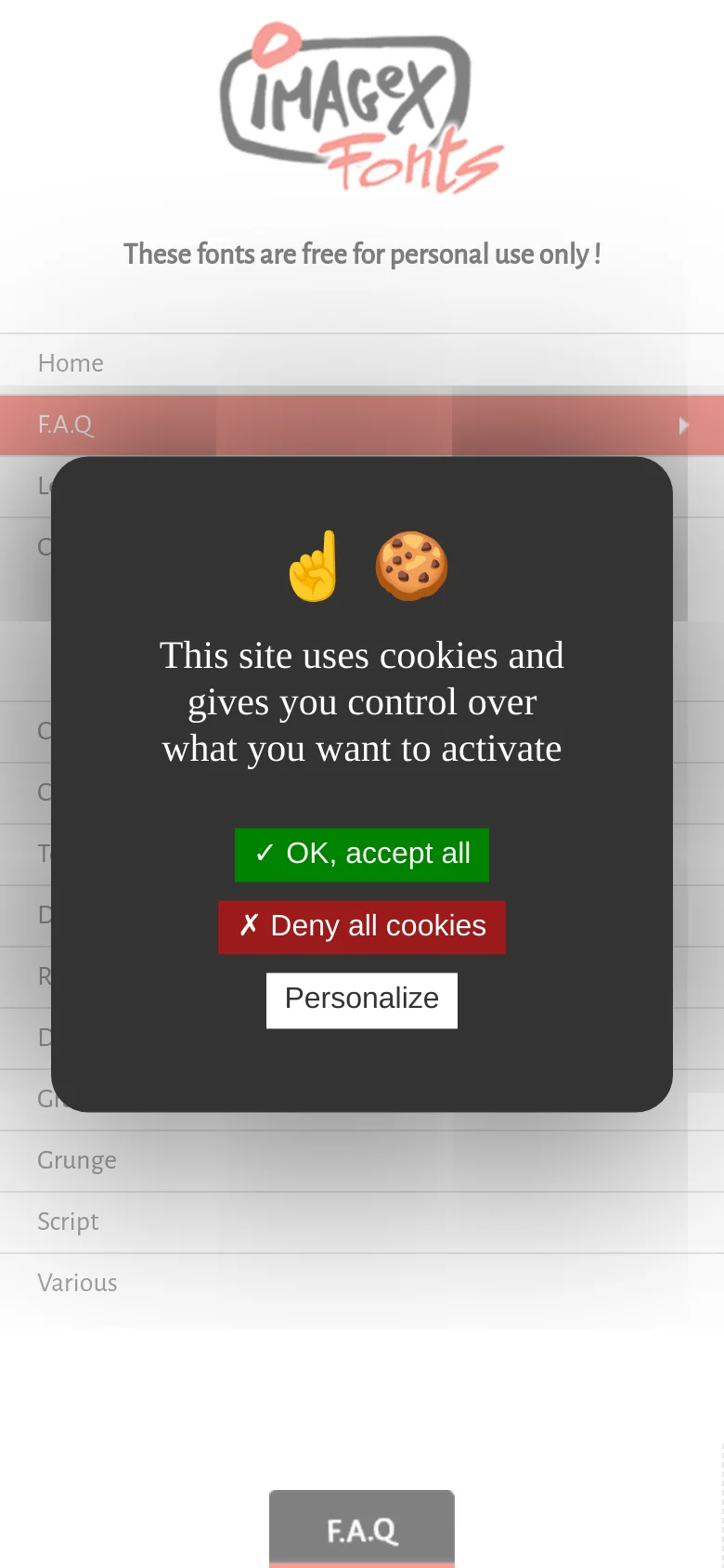 The mobile version uses a single-column vertical layout with a sidebar-style navigation menu on the left. The font category links are stacked vertically, and the main F.A.Q. content is centered below a large header. A prominent cookie consent overlay covers the center of the screen with green and red action buttons.