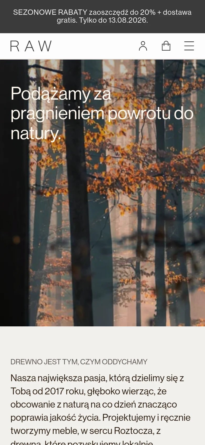 The mobile version presents a vertically stacked layout starting with a full-width forest hero image and large headline text. The navigation is condensed into a hamburger menu icon next to the logo, user, and cart icons. Content flows in a single column, making the text and statistical icons easy to scroll through on a smaller screen.