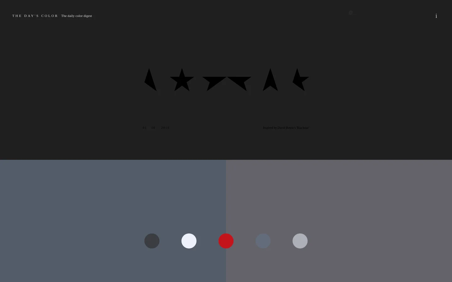 A minimalist dark-themed homepage for The Day's Color featuring a large central graphic of black star shapes. Below the graphic, a date and text reading 'Inspired by David Bowie's Blackstar' are displayed, followed by a horizontal row of five colored circles against a split gray background.