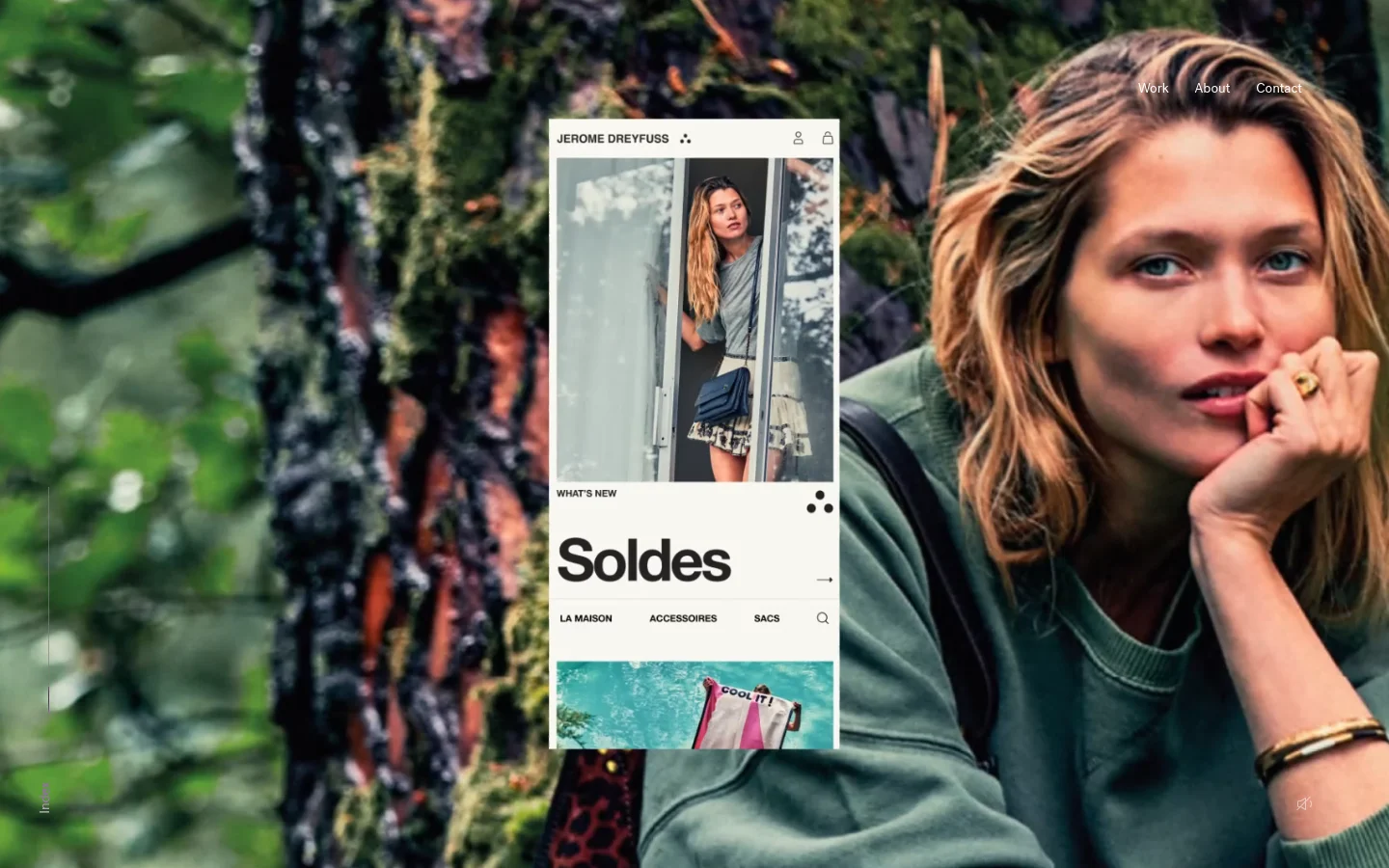 The desktop homepage features a minimalist design with a large, high-quality hero image of a woman in a forest setting. The navigation menu is positioned at the top right, and the layout uses ample white space and elegant typography to present the studio's identity and recent works.