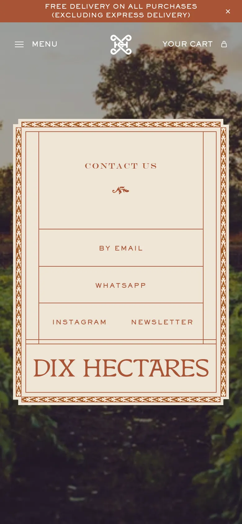 The mobile version maintains the same aesthetic, featuring the vineyard background and the central cream-colored contact frame. The layout is vertically stacked to fit the narrower screen, keeping the contact links and brand name centered within the ornate border. The top promotional banner remains visible.