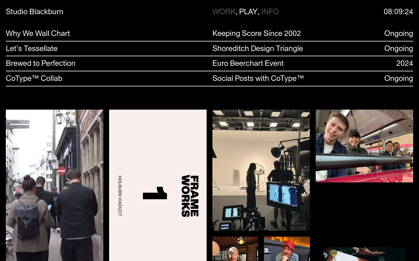 The desktop version features a minimalist black background with white typography. A structured grid layout displays project titles like 'Why We Wall Chart' and 'Let's Tessellate' alongside descriptive text and large, high-quality photographic imagery. The navigation menu is at the top, and a digital clock is visible in the upper right corner.
