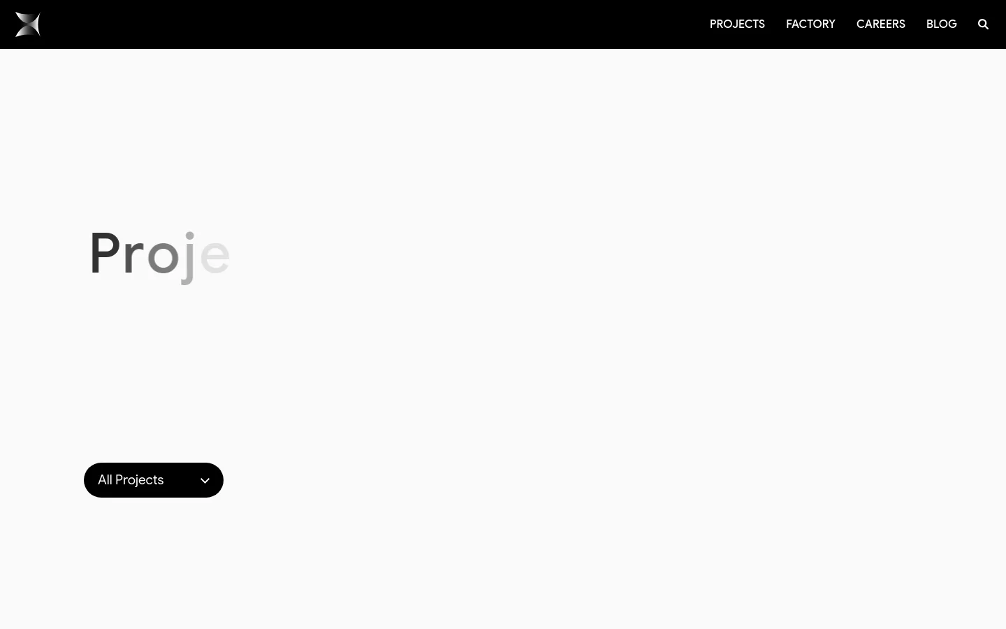 The Projects page features a minimalist white background with a large 'Projects' heading and a brief introductory paragraph. Below the text, a black 'All Projects' dropdown menu is centered, followed by a grid of project cards, the first of which shows an abstract blue and white architectural image for 'Specialized Professional Intelligence'.
