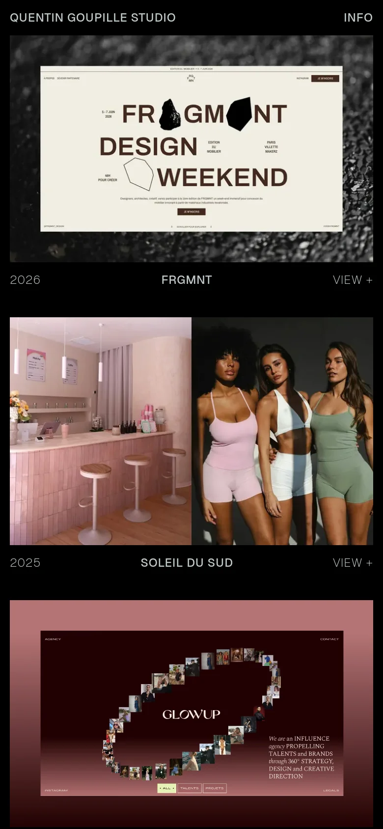 The mobile version maintains the minimalist aesthetic but transitions to a single-column vertical layout. Project images and details are stacked vertically to fit the narrow screen, ensuring large, tappable areas for project links. The navigation remains at the top, providing a streamlined experience for scrolling through the portfolio.