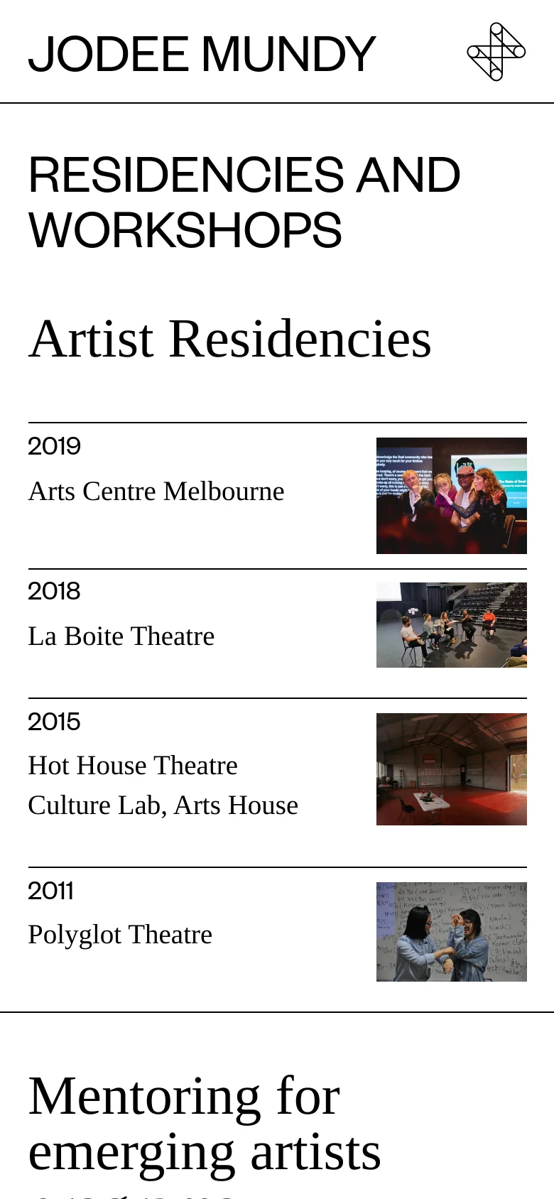 The mobile version maintains the minimalist white and black aesthetic but uses a single-column layout. The header is simplified to 'JODEE MUNDY' with the logo, and the 'Artist Residencies' list items are stacked vertically, with the descriptive text appearing above the corresponding landscape images.