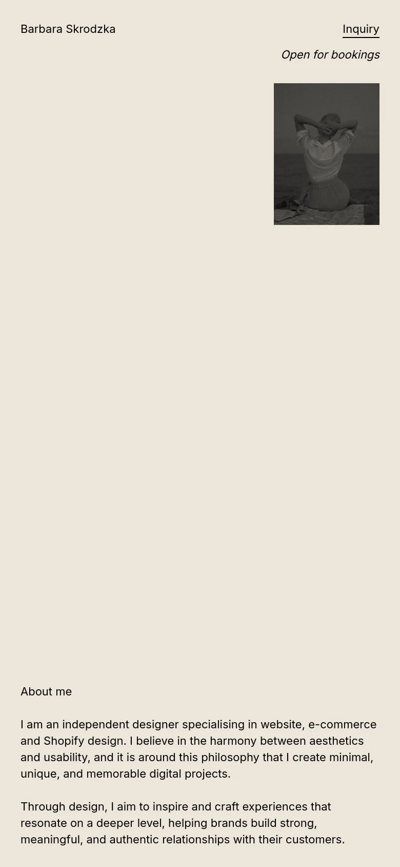 The mobile version maintains the minimalist aesthetic and beige color palette but adopts a single-column vertical layout. The portrait image is positioned above the biographical text, and the navigation links are simplified to accommodate the narrower screen width.
