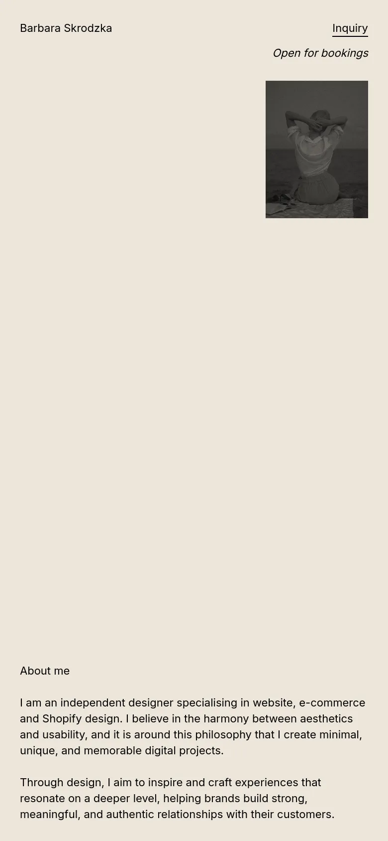 The mobile version maintains the minimalist aesthetic and beige color palette but adopts a single-column vertical layout. The portrait image is positioned above the biographical text, and the navigation links are simplified to accommodate the narrower screen width.