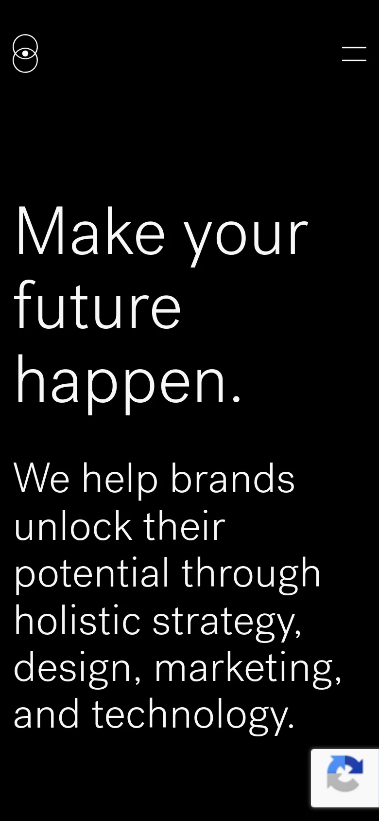 The mobile version maintains the dark theme and large white typography but uses a simplified layout. The top navigation is replaced by a hamburger menu icon on the right, and the main headline and subheadline are stacked vertically to fit the narrow screen.