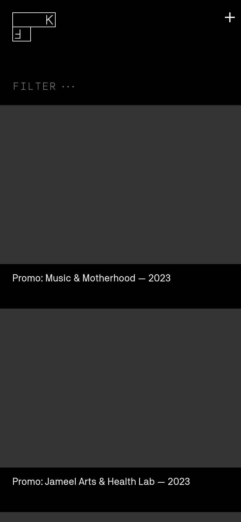The mobile version maintains the dark, minimalist aesthetic but transitions to a single-column vertical scroll for the project grid. The filter menu and navigation elements are condensed to fit the narrower screen, prioritizing large, full-width video thumbnails and clear text descriptions for each film entry.