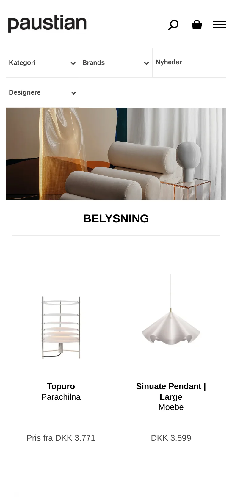 The mobile version simplifies the layout, displaying the Paustian logo with a hamburger menu and search icon at the top. The hero image is followed by a stacked series of dropdown filters for Kategorier, Brands, Nyheder, and Designere. Below the filters, products like the Topuro Parachiln and Sinuate Pendant are displayed in a single-column grid.