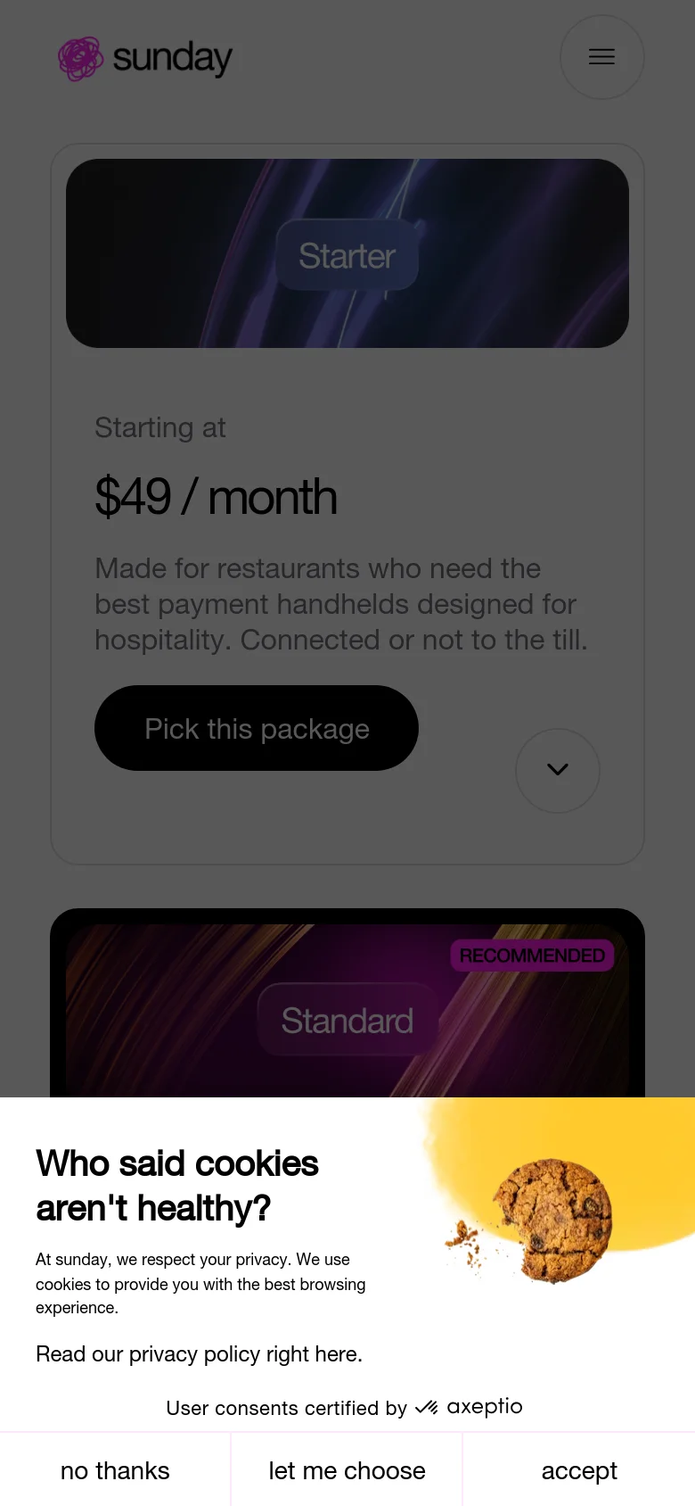 The mobile version displays the pricing tiers in a vertically stacked layout to accommodate the narrower screen. The cards are simplified, focusing on the tier name, price, and description, with the 'Pick this package' button appearing below the text. A cookie consent pop-up is visible at the bottom of the screen, partially obscuring the content.
