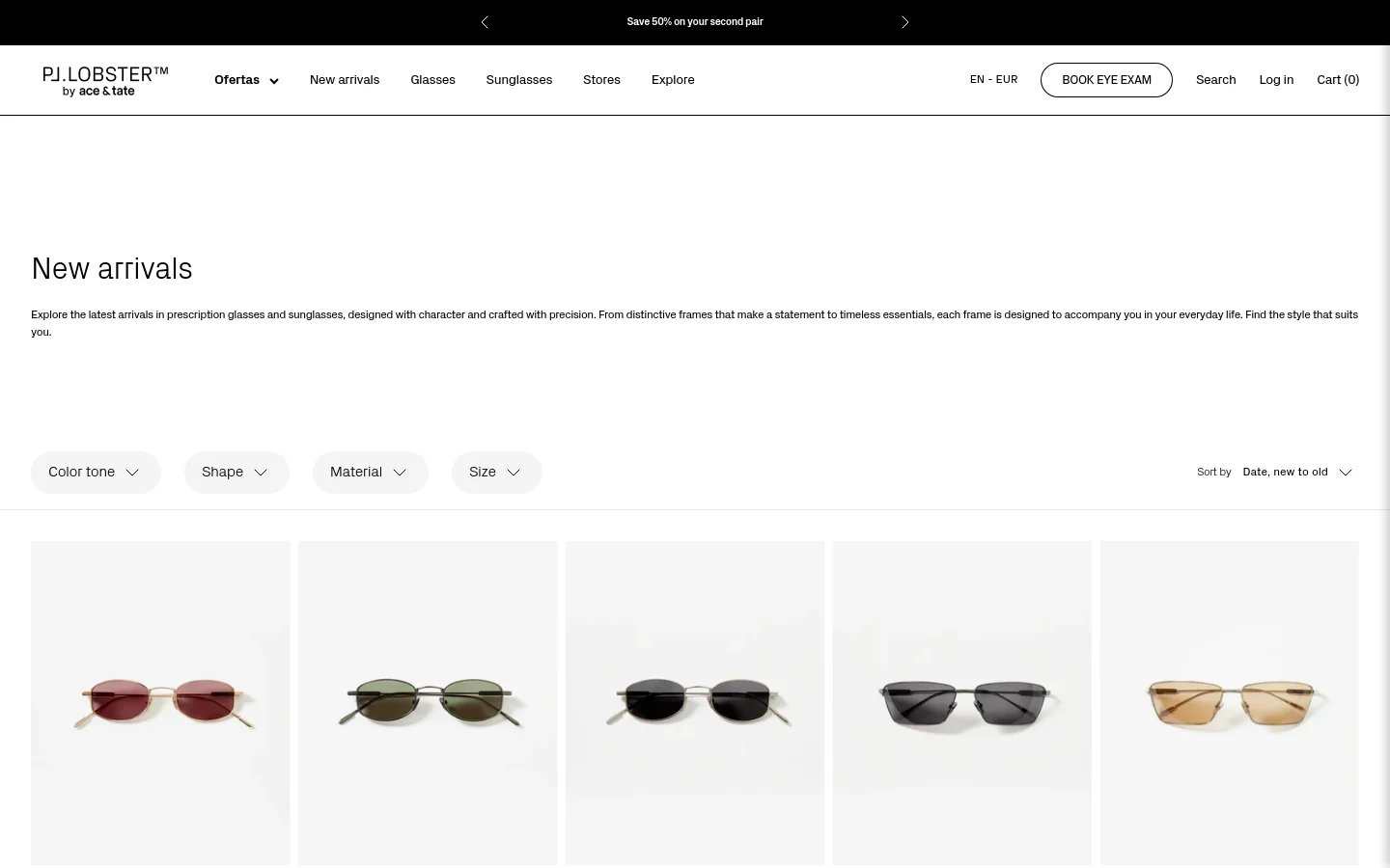 The desktop page features a clean, minimalist layout with a white background and black text. A header includes the PJ.LOBSTER logo, navigation links, and a 'BOOK EYE EXAM' button, followed by a large 'New arrivals' headline and introductory text. Below, a grid of product images displays various eyewear styles, accompanied by filter dropdowns for color, shape, material, and size.