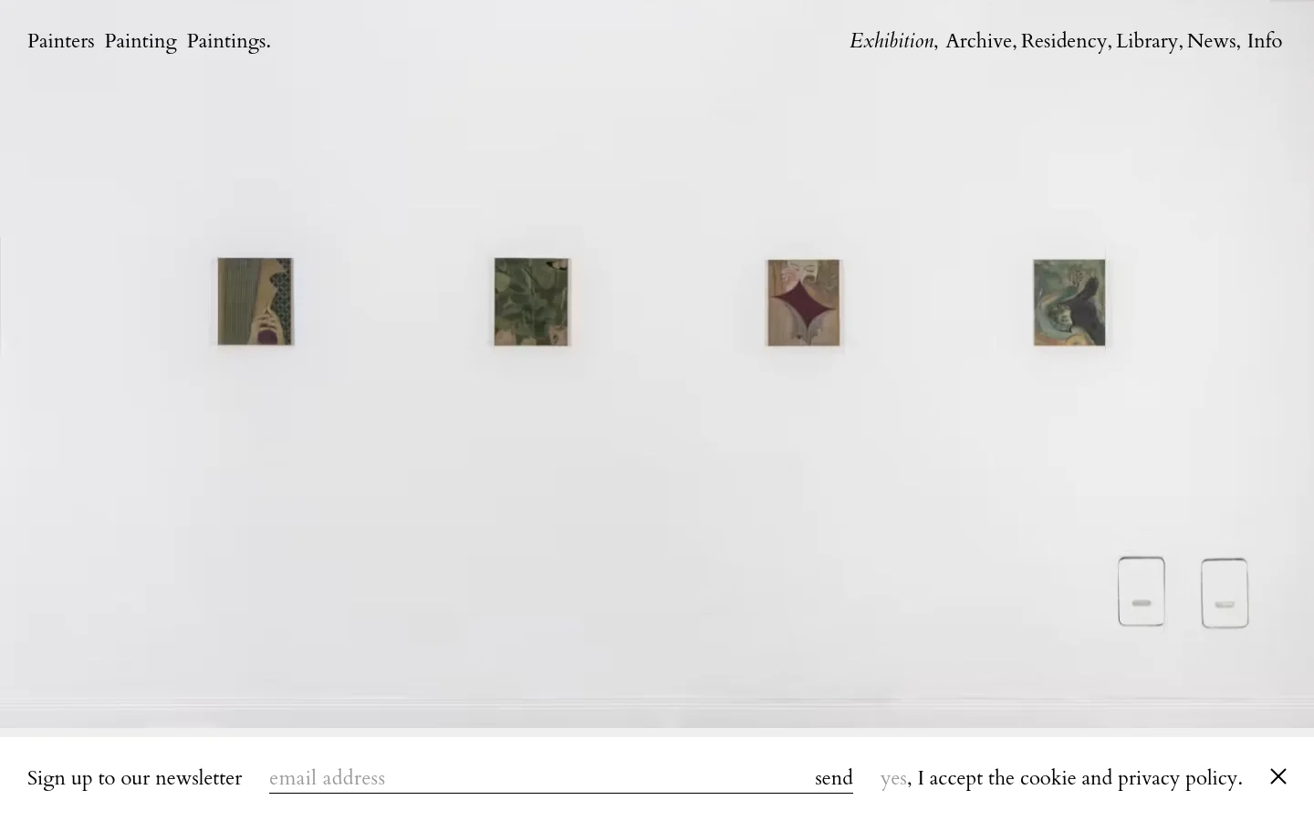 A minimalist desktop layout featuring a large white gallery wall with four small, rectangular paintings hung in a horizontal row. The website header contains the site name on the left and navigation links like Exhibition and Archive on the right, while a newsletter signup bar sits at the bottom.