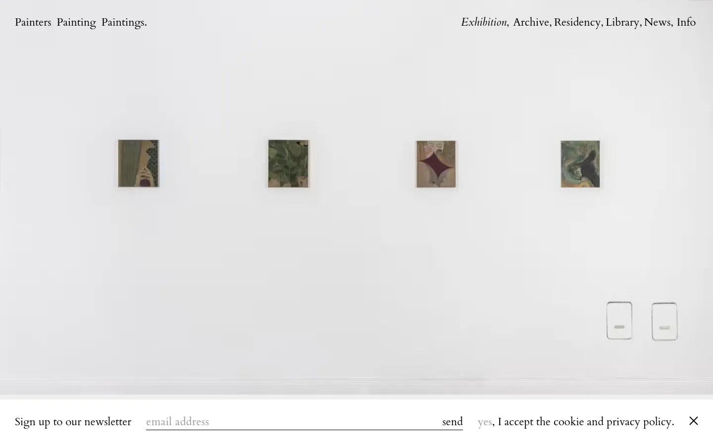 A minimalist desktop layout featuring a large white gallery wall with four small, rectangular paintings hung in a horizontal row. The website header contains the site name on the left and navigation links like Exhibition and Archive on the right, while a newsletter signup bar sits at the bottom.
