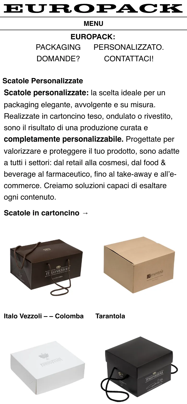 The mobile version presents a single-column vertical layout with the same white and black color scheme. The text and product images, including the custom pastry boxes, are stacked vertically to fit the narrow screen, ensuring readability of the headlines and descriptions.