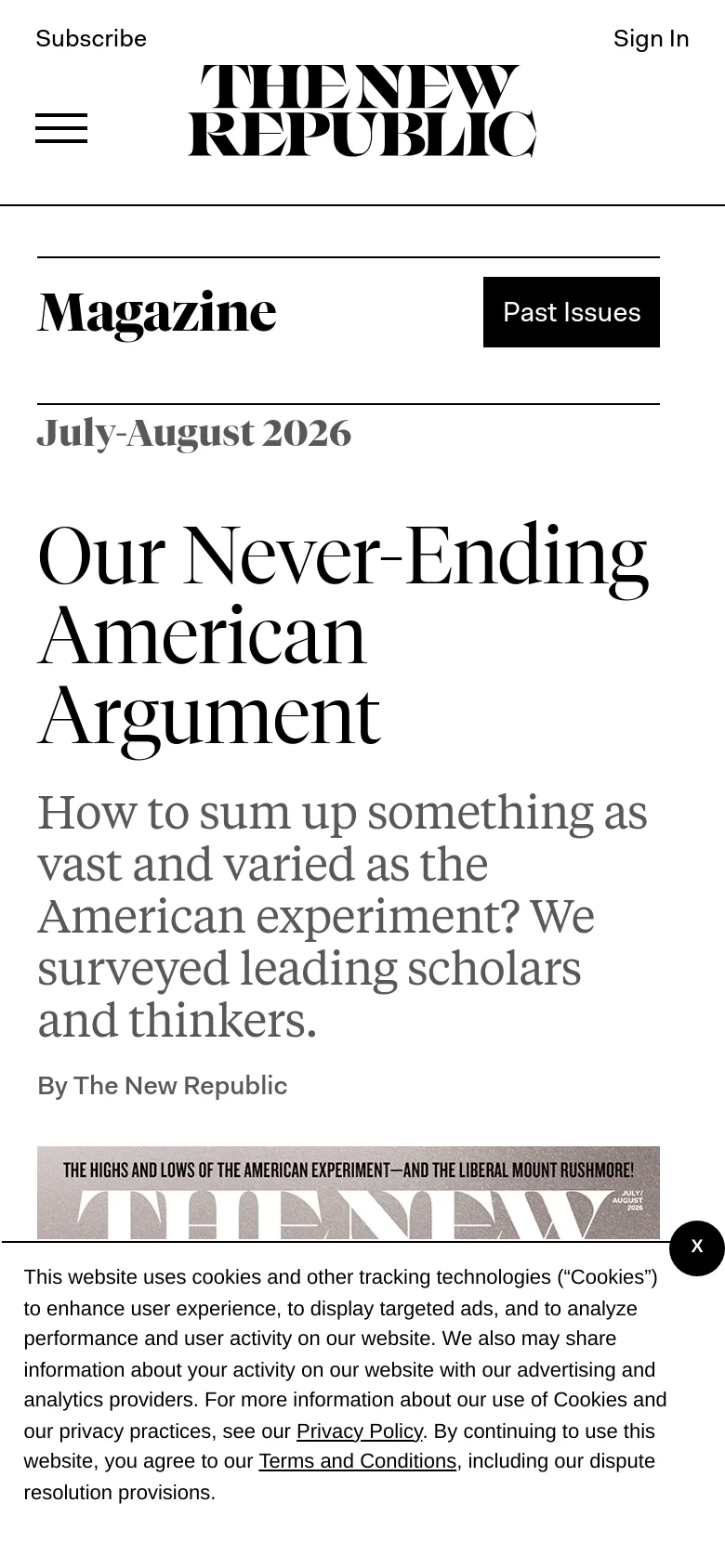 The mobile version presents a simplified vertical layout with the magazine title and issue date at the top. The main article headline, 'Our Never-Ending American Argument,' is followed by its summary text and the author's name, with the large collage illustration appearing below the text. A hamburger menu and the site logo are positioned at the top of the screen.