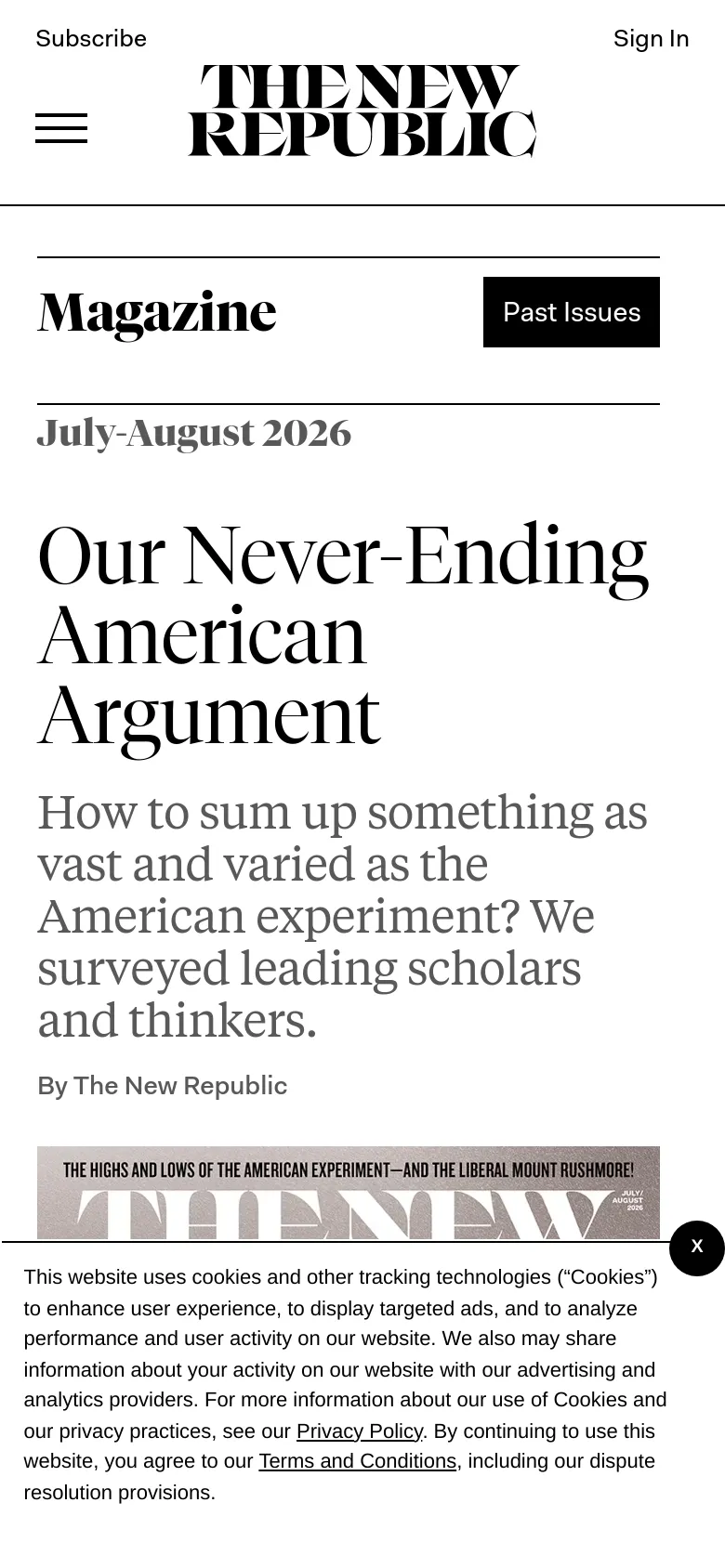 The mobile version presents a simplified vertical layout with the magazine title and issue date at the top. The main article headline, 'Our Never-Ending American Argument,' is followed by its summary text and the author's name, with the large collage illustration appearing below the text. A hamburger menu and the site logo are positioned at the top of the screen.
