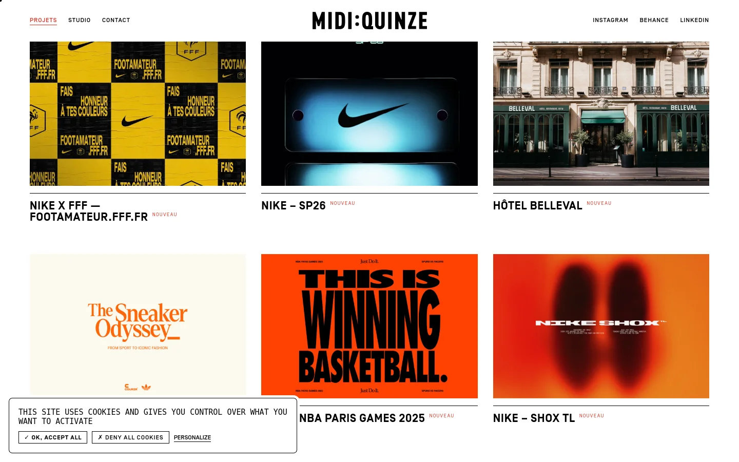 The desktop version of the 'Projets' page features a minimalist grid layout with large, high-quality imagery showcasing various creative projects. A clean white header contains the 'MIDI:QUINZE' logo centered, with navigation links for 'PROJETS', 'STUDIO', and 'CONTACT' on the left and social links on the right. Each project tile includes a title and a 'NOUVEAU' tag, set against a neutral background.