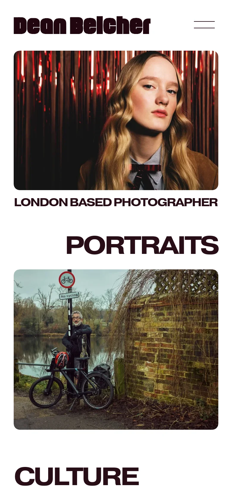 The mobile version displays a simplified vertical layout with the 'Dean Belcher' logo and a hamburger menu icon at the top. The large hero image of a blonde woman is followed by the text 'LONDON BASED PHOTOGRAPHER', with the 'Portraits' and 'Culture' portfolio sections stacked vertically underneath.