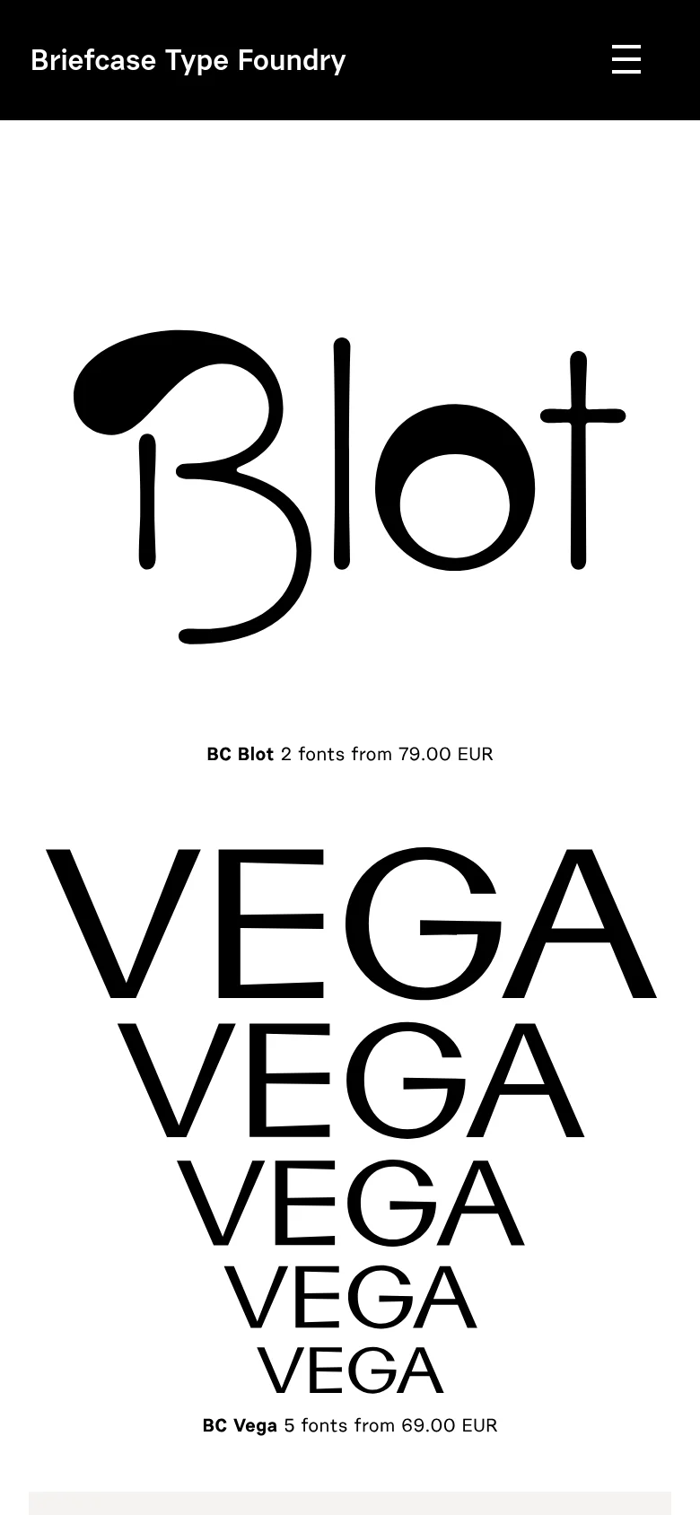 The mobile version simplifies the layout with a black header containing the foundry name and a hamburger menu icon on the right. The content remains vertically stacked, featuring the large blue 'Blot' logo hero image followed by the black typographic specimens for 'BC Blot' and 'BC Vega' with their respective pricing information.