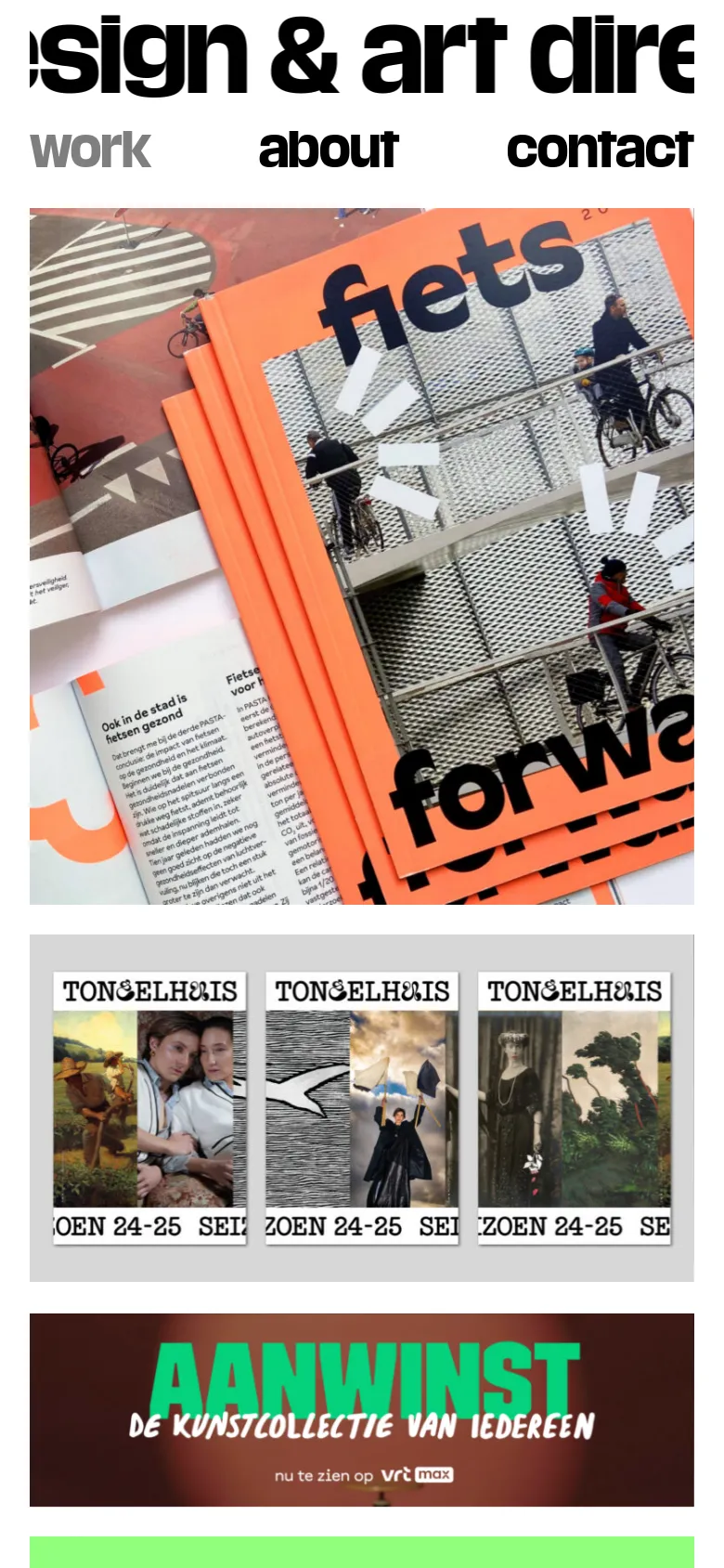 The mobile version maintains the minimalist aesthetic with bold black text at the top, but the layout shifts to a single-column vertical scroll. The large portfolio images are stacked vertically, filling the width of the screen to emphasize the visual work.