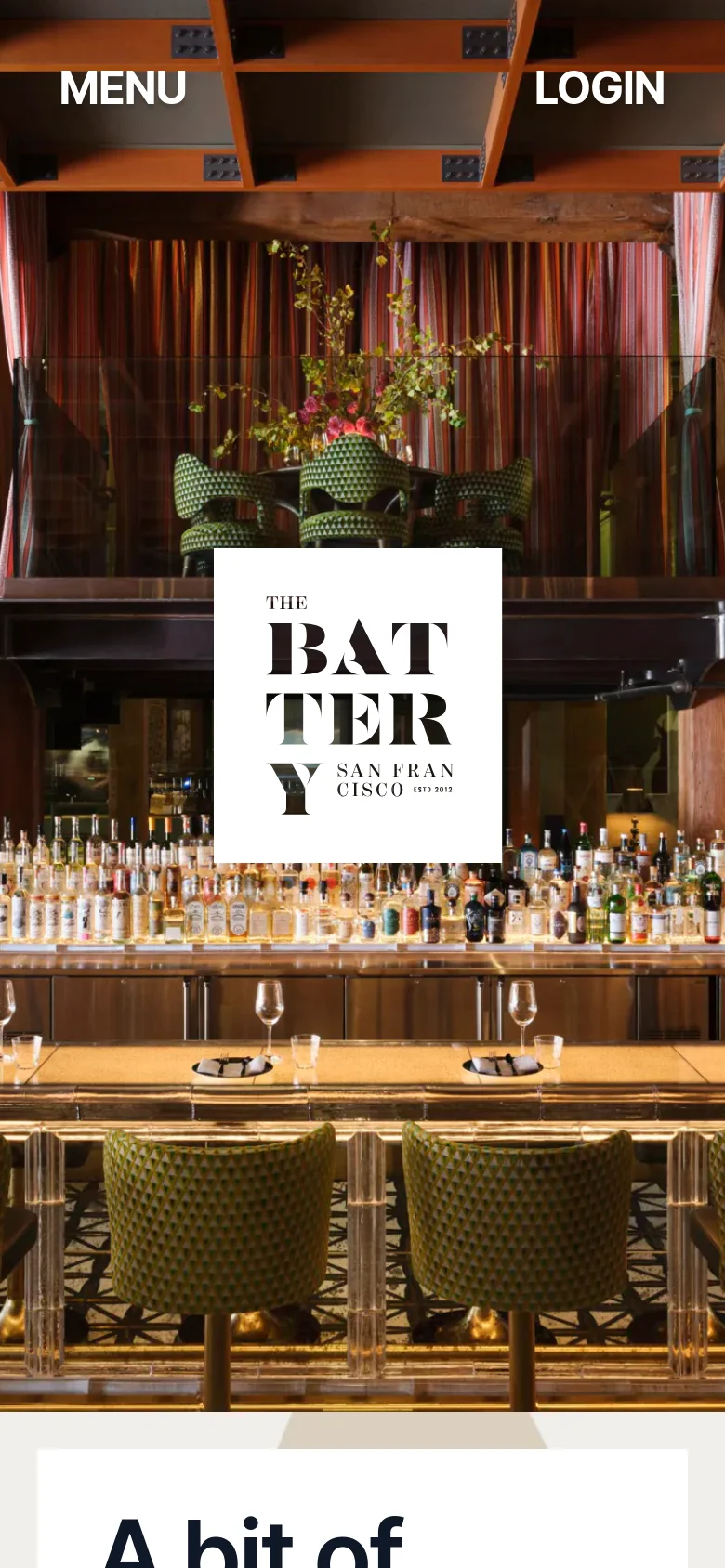 The mobile version presents a vertically stacked layout, starting with a close-up, high-impact hero image of the bar area and the central brand logo. The 'MENU' and 'LOGIN' links are prominently displayed at the top. The content below shifts from a multi-column grid to a single-column scroll, showing large images and text for each club space sequentially.