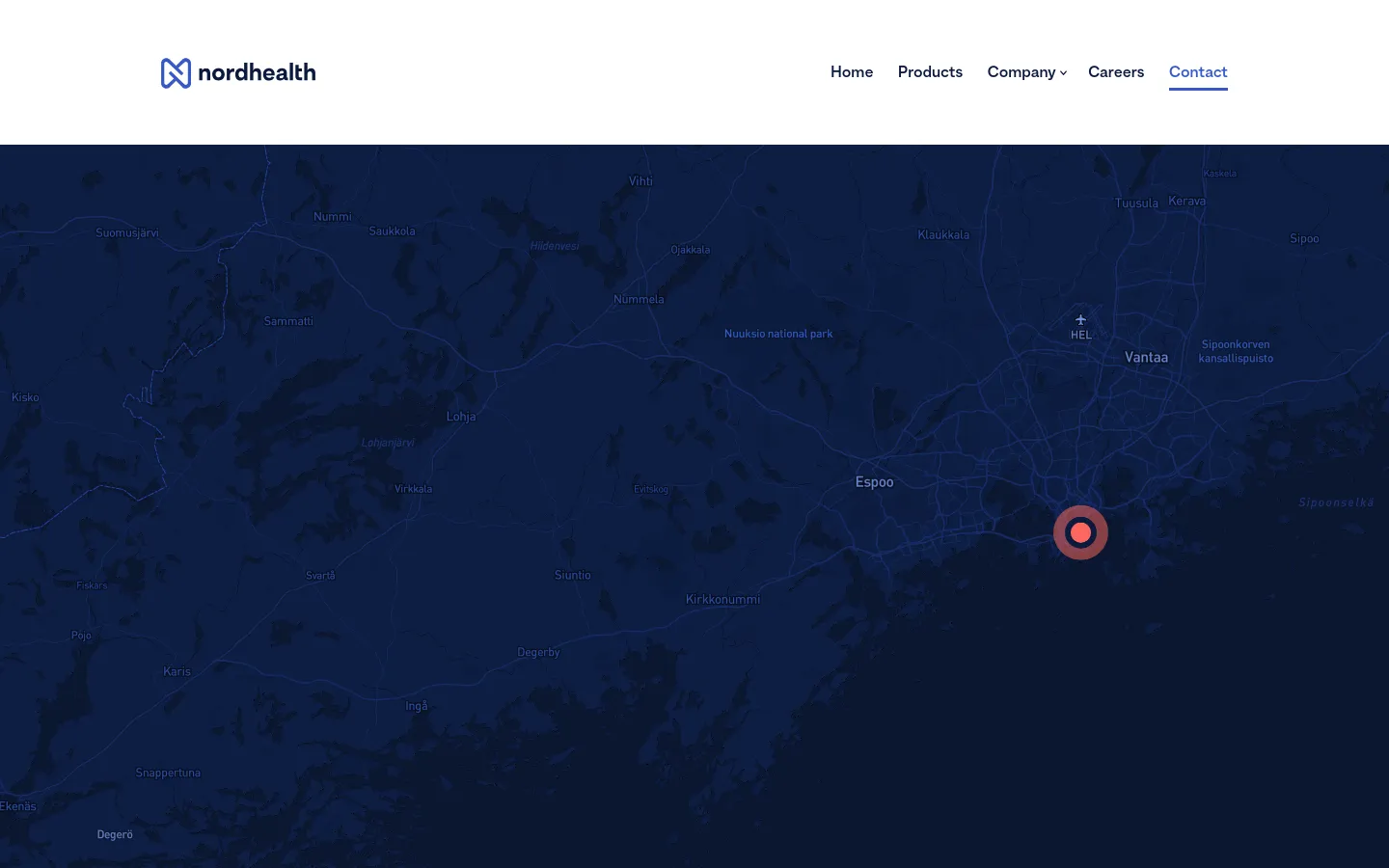 The desktop contact page features a clean white header with the Nordhealth logo and navigation menu. The main body consists of a large, dark blue interactive map covering the entire background, with contact details including an email address and physical address in Helsinki overlaid in the top left area.