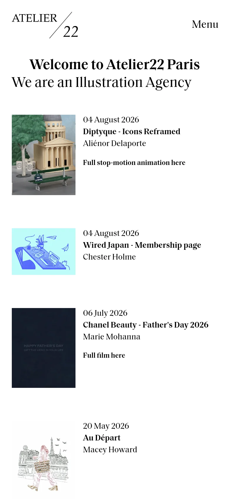 The mobile version maintains the minimalist white and black aesthetic but uses a single-column vertical stack for content. The header is simplified with a 'Menu' button, and the project entries are arranged sequentially with the preview image appearing above the corresponding text details for easier scrolling.