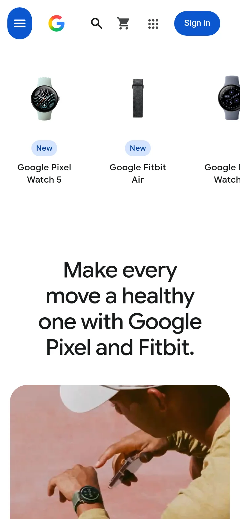 The mobile version presents a simplified layout with a hamburger menu icon and a Google logo at the top. The product carousel is condensed into a single row of large images, and the main headline is stacked vertically to fit the narrow screen width above a large lifestyle photograph.
