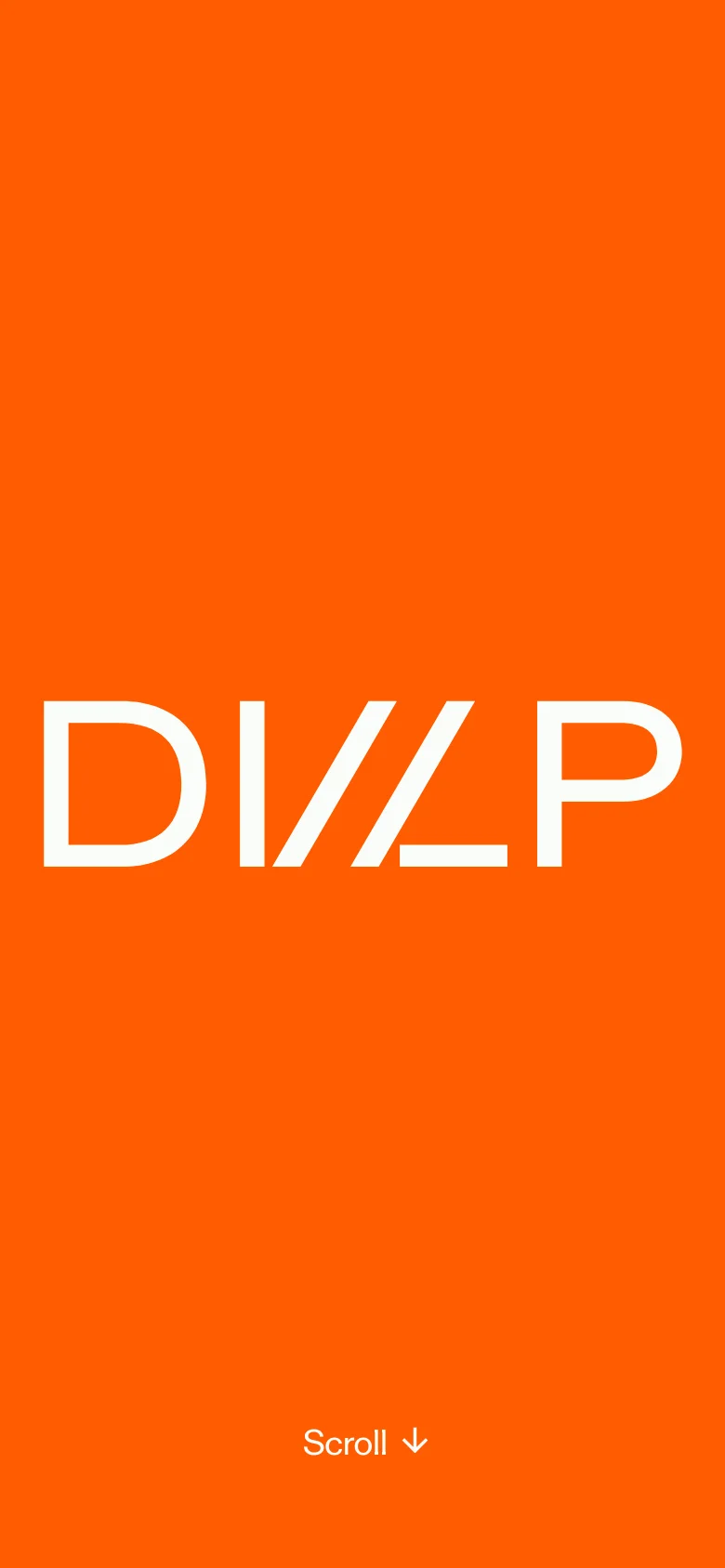 The mobile version maintains the high-contrast orange and white theme but scales the 'DVLP' logo to fit the narrower portrait aspect ratio. The 'Scroll' prompt remains at the bottom of the screen, centered, providing a simplified vertical view of the hero section.