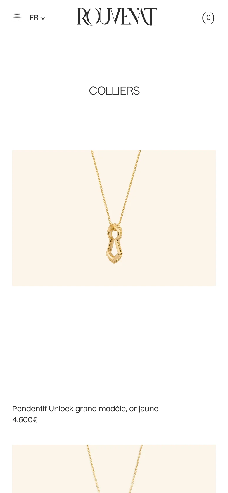 The mobile version features a simplified vertical layout with a centered 'COLLIERS' heading and a hamburger menu icon in the top left. The product images are stacked vertically, showing a large featured necklace followed by its title and price. The overall aesthetic remains minimalist with a focus on large, clear product photography and a cream-colored background.