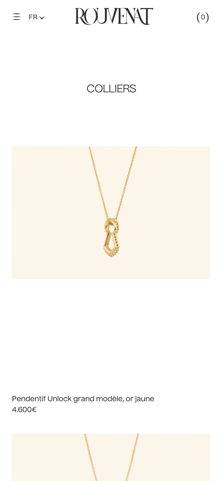 The mobile version features a simplified vertical layout with a centered 'COLLIERS' heading and a hamburger menu icon in the top left. The product images are stacked vertically, showing a large featured necklace followed by its title and price. The overall aesthetic remains minimalist with a focus on large, clear product photography and a cream-colored background.