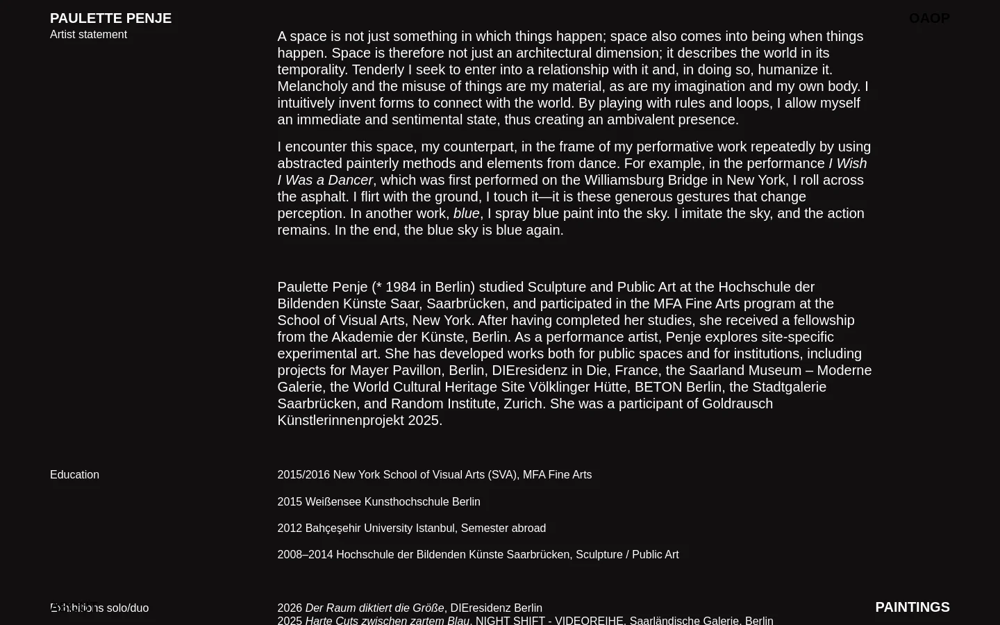 The desktop version of the About page features a minimalist design with a black background and white text. The layout uses a two-column structure where section headings like 'Artist statement' and 'Education' are positioned on the left, while the corresponding body text is aligned to the right. Navigation links are located at the top left.