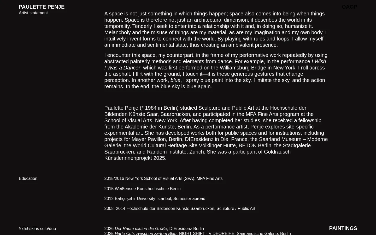 The desktop version of the About page features a minimalist design with a black background and white text. The layout uses a two-column structure where section headings like 'Artist statement' and 'Education' are positioned on the left, while the corresponding body text is aligned to the right. Navigation links are located at the top left.