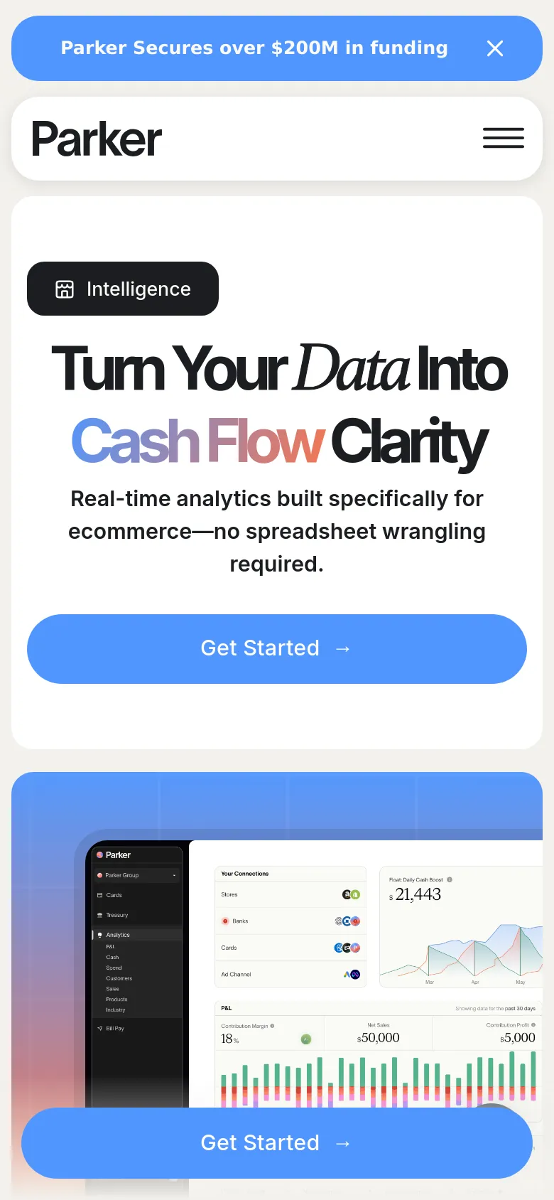 The mobile version uses a single-column vertical layout optimized for small screens. The header features a hamburger menu icon, and the hero text is centered above a large, full-width blue 'Get Started' button. The dashboard graphic is positioned below the main call to action, and a blue announcement banner remains fixed at the very top of the screen.