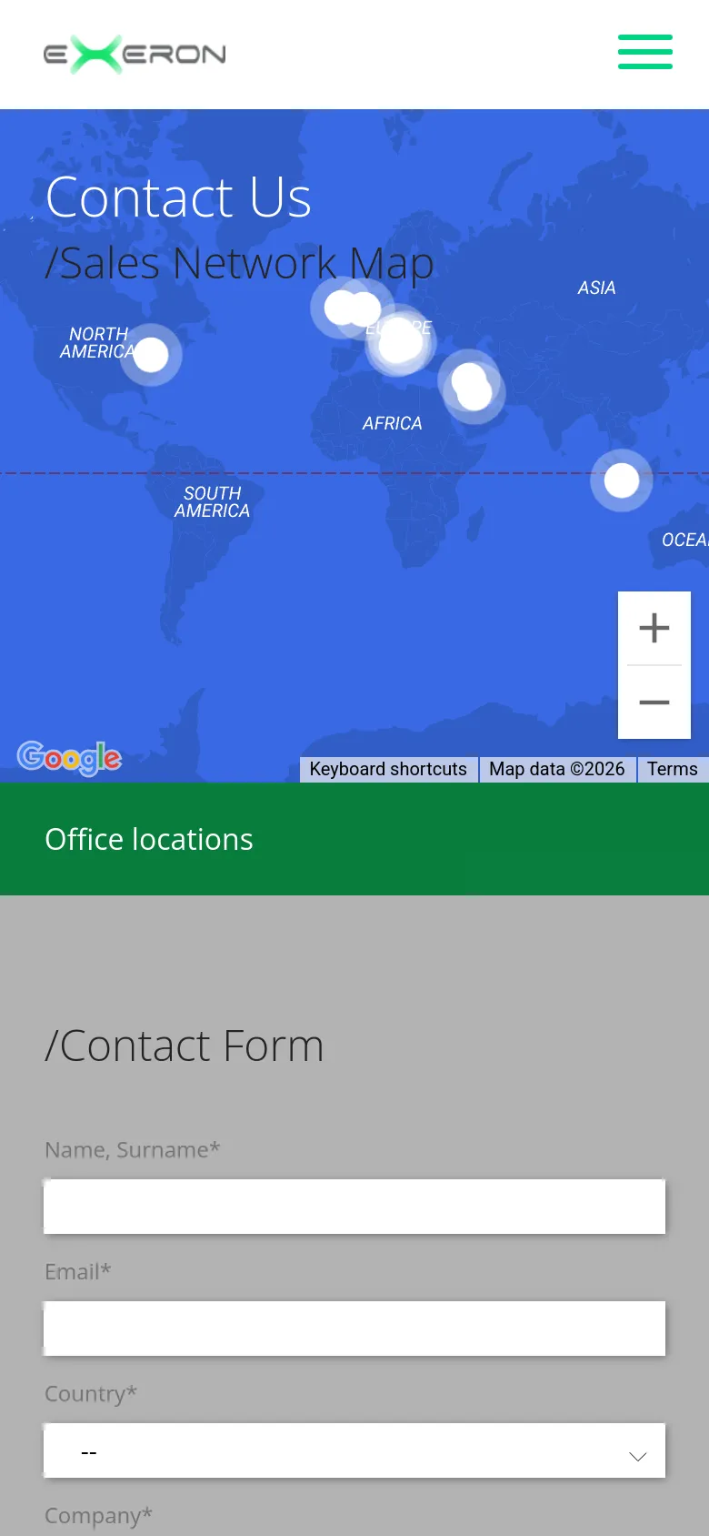 The mobile version presents a simplified view with a hamburger menu icon in the top right and the Exeron logo on the left. The blue world map hero section is condensed, followed by the 'Office locations' header in a green bar and the 'Contact Form' with vertical input fields for user details.