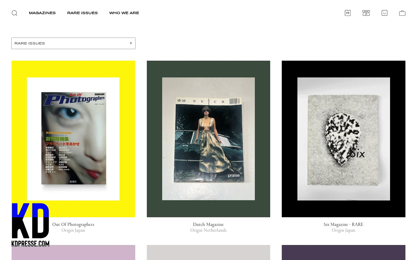 The desktop version of the Rare Issues page features a clean white background with a navigation menu at the top. A grid of rare magazine covers is displayed, each with its title and country of origin listed below, such as 'Out Of Photographers' from Japan. A dropdown filter for 'RARE ISSUES' is positioned above the product grid.