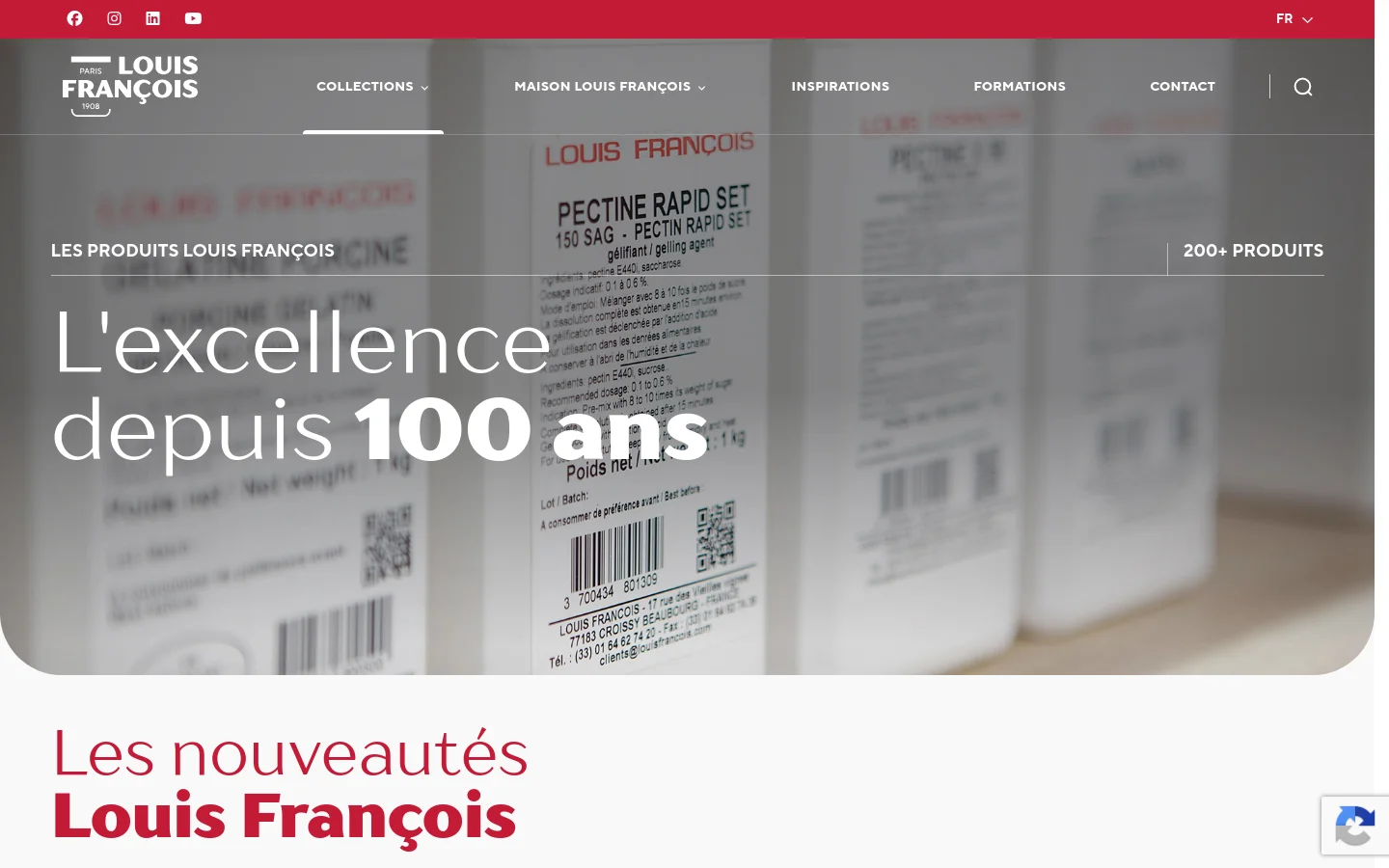 Desktop view of the Louis François products page featuring a large hero image of product packaging with the headline 'L'excellence depuis 100 ans'. Below the hero, a section titled 'Les nouveautés Louis François' displays a grid of product cards, each including a category label, a product image, a title, and a brief description. The layout is clean with a white background and red accents in the navigation and typography.