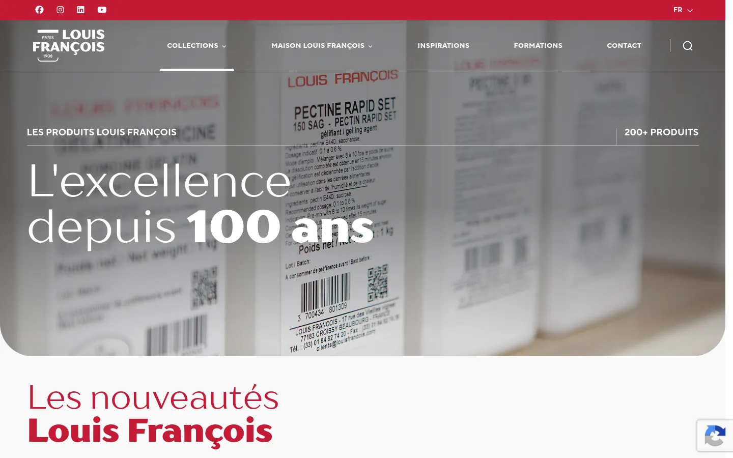 Desktop view of the Louis François products page featuring a large hero image of product packaging with the headline 'L'excellence depuis 100 ans'. Below the hero, a section titled 'Les nouveautés Louis François' displays a grid of product cards, each including a category label, a product image, a title, and a brief description. The layout is clean with a white background and red accents in the navigation and typography.